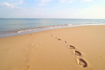 two footprints, one large and one small, on a sandy beach