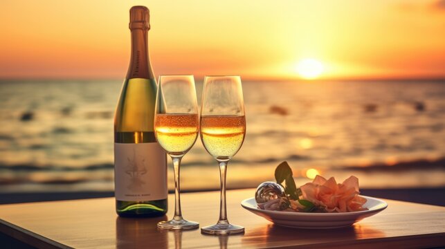 Romantic luxury evening on cruise yacht with champagne