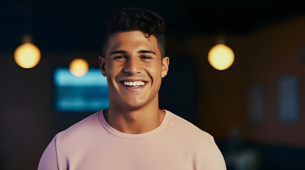 portrait of young man smiling over bokeh