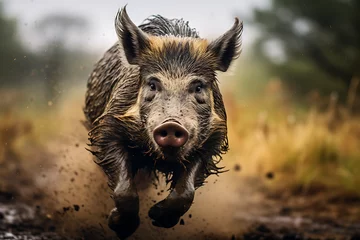 Fotobehang wild hog running in nature with motion blurred background, hog, animal, wildlife, forrest animal © MrJeans