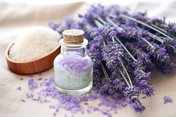 Obraz na płótnie Canvas dried lavender flowers next to homemade bath salts