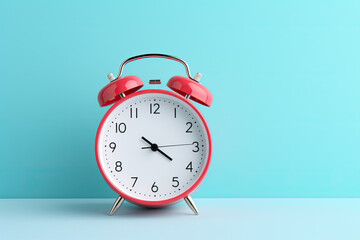 Modern alarm clock in retro style on cyan color batteries isolated on blue background. Time and morning concept.