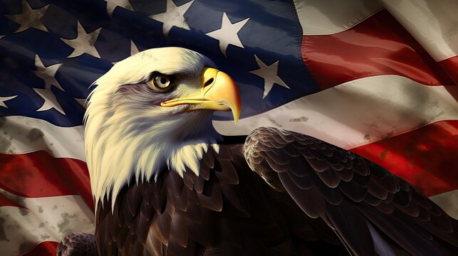 eagle and USA flag national poster. American Bald Eagle - a symbol of America with flag. Bald eagle on american flag background created.