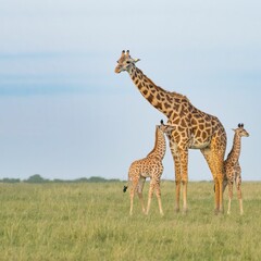Naklejka na ściany i meble a giraffes family standing in an open field