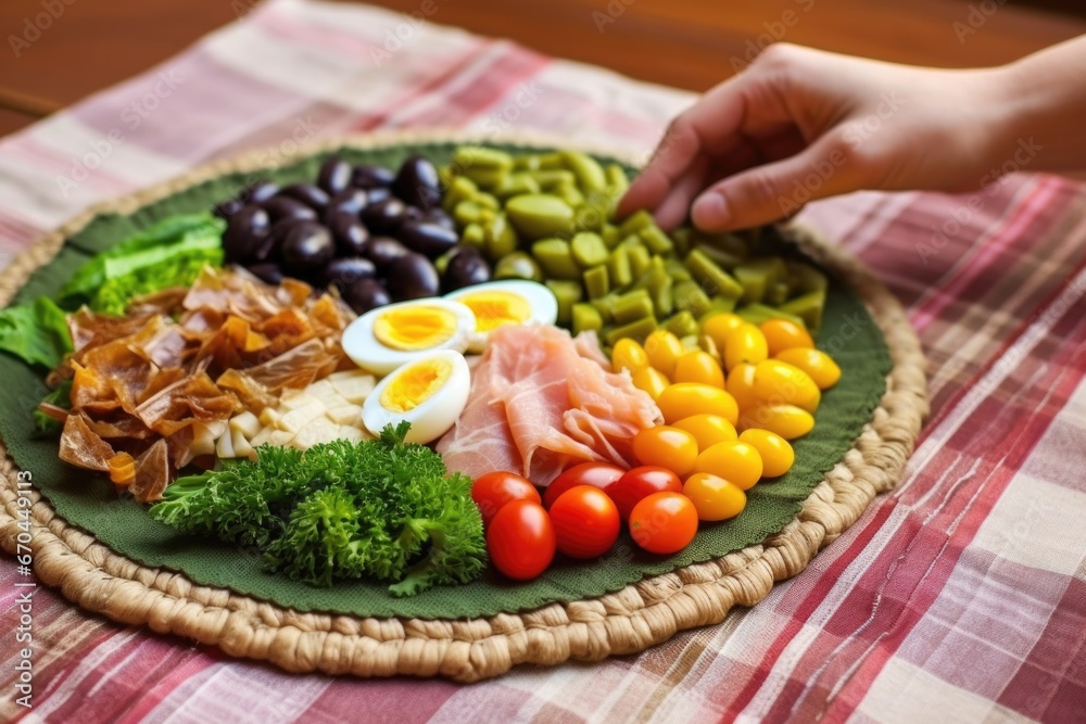 Wall mural hand placing a plate of nicoise salad on a raffia placemat