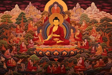 illustration of A harmonious composition of Bodhisattvas depicted, Generative ai