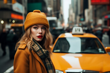 Woman standing next to a yellow taxi in a big city, street photography