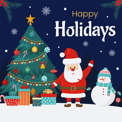 Vector merry Christmas and New Year poster, greeting card template. Invitation on Christmas party. Christmas tree, santa Claus, gift boxes, snowman on blue background. Flyer for holiday event.