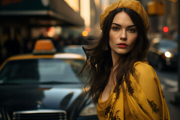 Woman standing next to a yellow taxi in a big city, street photography