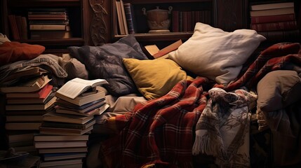 An inviting reading nook with a delightful pile of blankets and cushions. Cozy, relaxation, book lovers, plush, warm, comfort, literary escape. Generated by AI. - obrazy, fototapety, plakaty