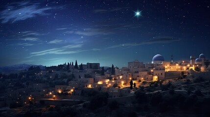 Celestial enchantment, Bethlehem skyline, guiding star, Christmas magic, divine radiance, spirituality. Generated by AI. - obrazy, fototapety, plakaty
