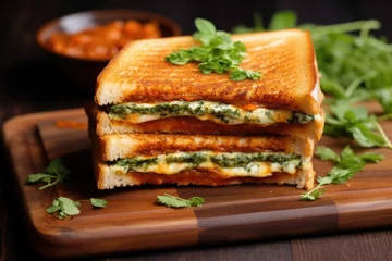 Foto auf Acrylglas layering paneer butter masala in a buttered sandwich © Alfazet Chronicles