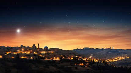 Fototapeta premium Bethlehem, a source of inspiration and spirituality. Celestial brilliance, Bethlehem's charm, Christmas beacon, wonder, awe. Generated by AI.