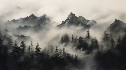 charcoal pencil drawing of mountains cowered in mist, black blurry tress, mistical, mysterious
