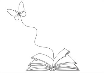 Flying book one line drawing with butterfly. Continuous hand drawn contour vector. Illustration of Creative and freedom.