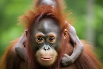 a orangutan carrying her baby on her back - obrazy, fototapety, plakaty