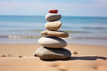 Fototapeta na wymiar a balanced arrangement of stones on a sandy beach