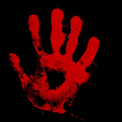 Bloody hand print isolated on black background. Royalty high-quality free stock photo image of  Horror scary blood dirty handprint and fingerprint overlay on black backgrounds - obrazy, fototapety, plakaty