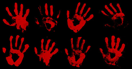 Set/collection of bloody hand print isolated on black background. Royalty high-quality free stock photo image of Horror scary blood dirty handprint and fingerprint overlay on black backgrounds  © jangnhut