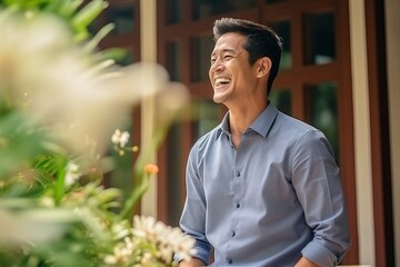 Portrait of a handsome asian man laughing and looking at the camera - obrazy, fototapety, plakaty