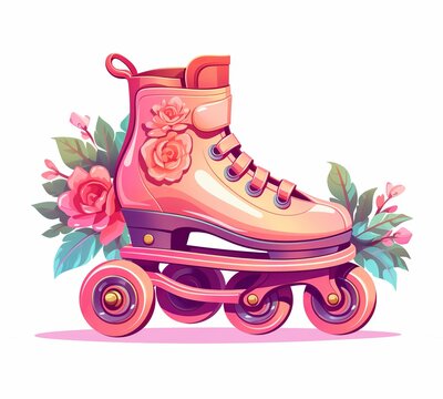 illustration of a pink roller skate with pink flower on wheels flat, Generative ai