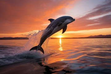 Fotobehang a dolphin leaping out of water against a sunset sky © Alfazet Chronicles