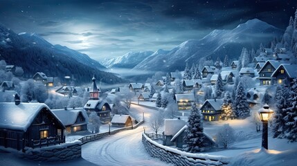 Winter wonderland, cozy, picturesque, tranquil, magical, festive, holiday season, snowy landscape, idyllic, enchanting, serene. Generated by AI.