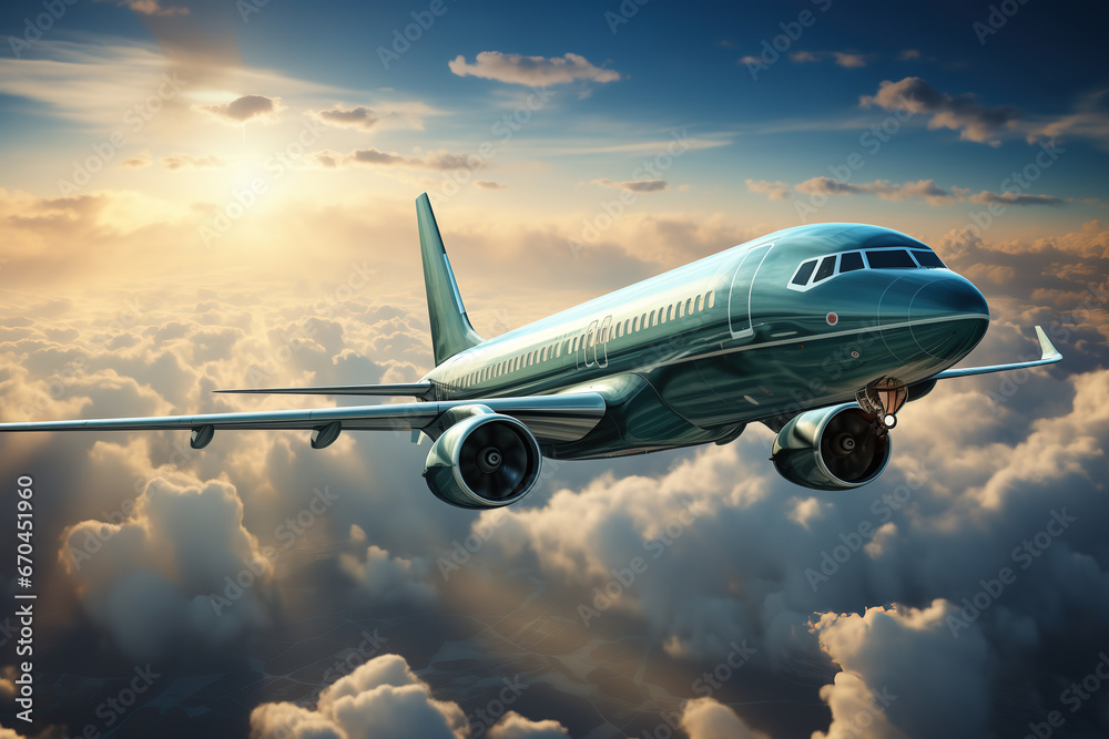 Wall mural a passenger commercial airplane is flying above cloudy sky view, transportation scene.