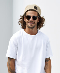 young smiling man waring trendy street style fashion wear