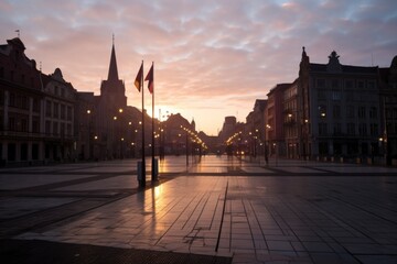 dawn over empty city square prepared for a rally
