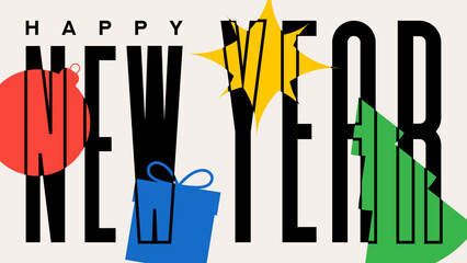 Happy New Year banner template. Vector illustration with contemporary typography lettering and New Year symbols. Modern minimal design for decoration greetings, banners, headers of website, cards. 