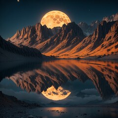 a full moon reflected in the lake below the mountains and peaks