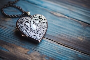 a heart locket on rustic wooden table