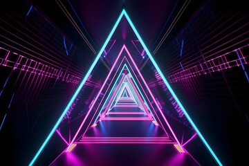 Triangle neon lights line endless tunnel