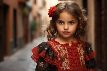 illustration of a spanish girl dressing in Spanish and modern childrens , Generative ai