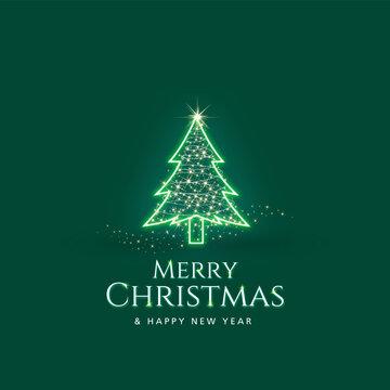 Christmas sparkling bright tree. Merry Christmas and Happy new year. Realistic design of objects, light garlands, green colors compositions. Tree star. Vector illustration