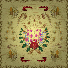 Vector golden floral ornament brocade textile and glass pattern. Yellow, beige and brown colors with golden elements. Gold metal with floral pattern. Seamless golden pattern.
