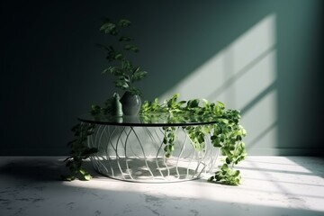 Contemporary table with foliage and shadows - 3D rendering. Generative AI