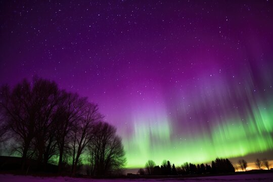 purple and green aurora borealis swathing the night sky