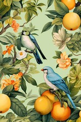 Colourful vintage pattern with fruits and birds