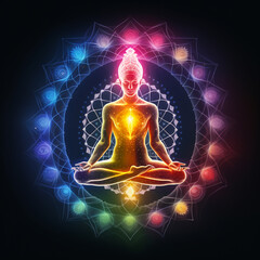 the chakras are arranged in a circle of different colors, a man sits inside them and meditates in the lotus position, an illustration of the schematic arrangement of human chakras, on a dark backgroun