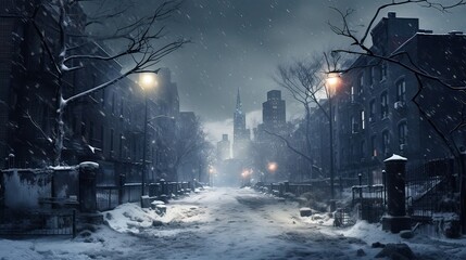 Snow-covered, city streets, winter magic, serene, snowy rooftops, holiday charm. Generated by AI.
