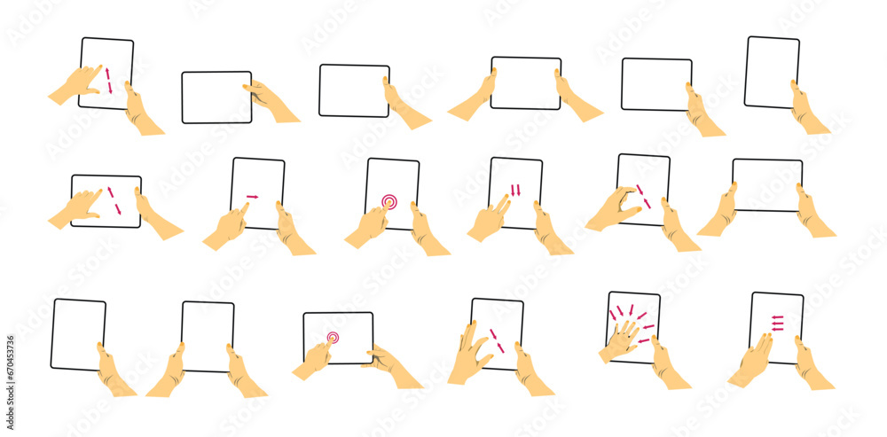 Wall mural Human holding tablet. Fingers touching, tapping, scrolling tab screens, using applications. People handling with tablets. Vector illustrations isolated on white background.