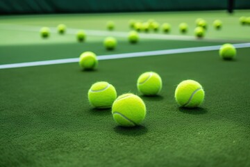 tennis balls scattered on a green court