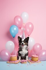 Fototapeta na wymiar Dog celebrating Birthday by wearing a hat, with Cake, balloons, and candles, on a pink background. Festive Enjoy Dogs Birthday Celebration, Birthday Party