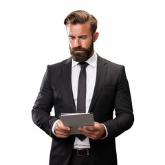 Businessman hodling tablet or writing pad on white background