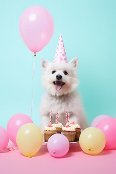 Dog celebrating Birthday by wearing a hat, with Cake, balloons, and candles, on a blue background. Festive Enjoy Dogs Birthday Celebration, Birthday Party