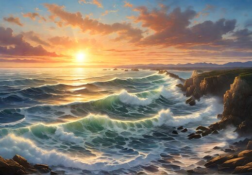 Step into the world of artistic possibilities with this enchanting painting of a sunset over a large body of water, offering a versatile and evocative element for your creative endeavors