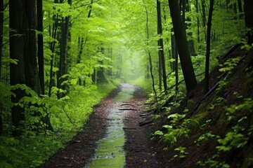 a forest trail with green leaves glistening with spring rain
