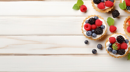 Tartlets with different fresh blue berries on light wooden table space for text background 16-9 - obrazy, fototapety, plakaty